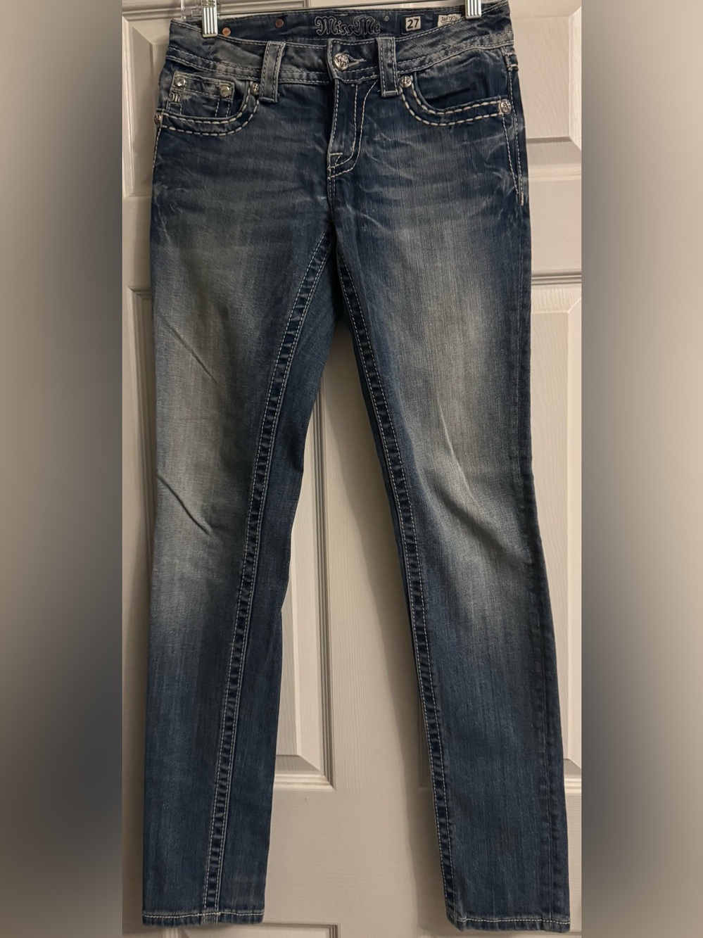 Miss Me Blue Faded Skinny Jeans with studs and rhinestones
